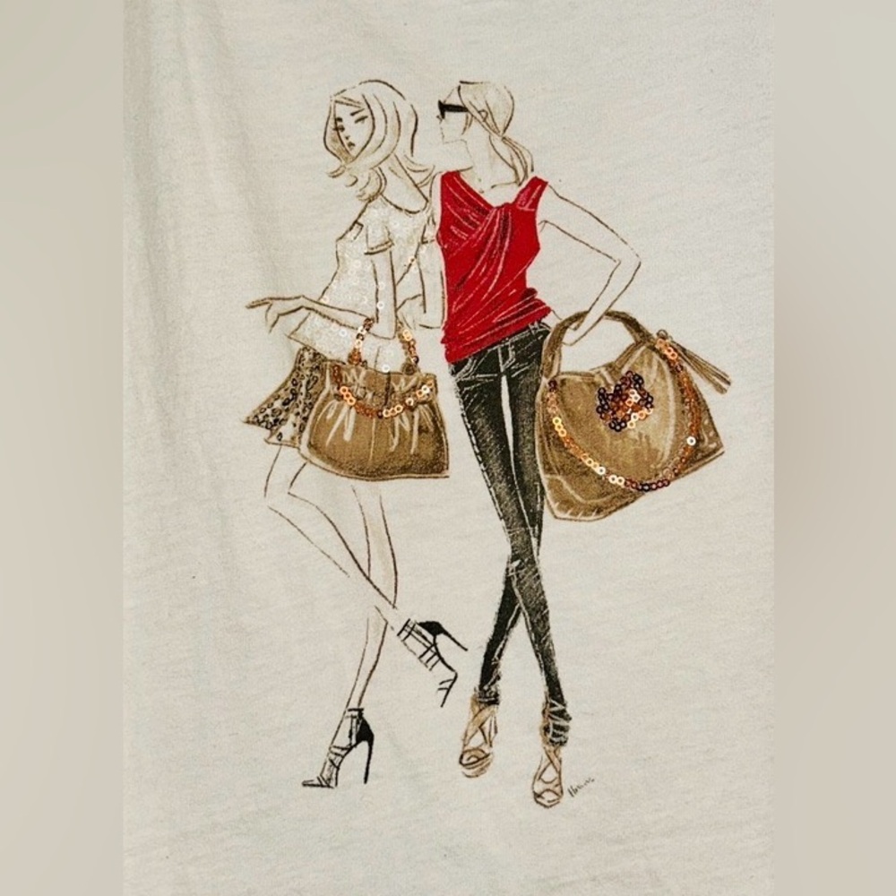New York & Co Women Shopping Cotton Tee XL White Y2K Metallic Handbags Girly